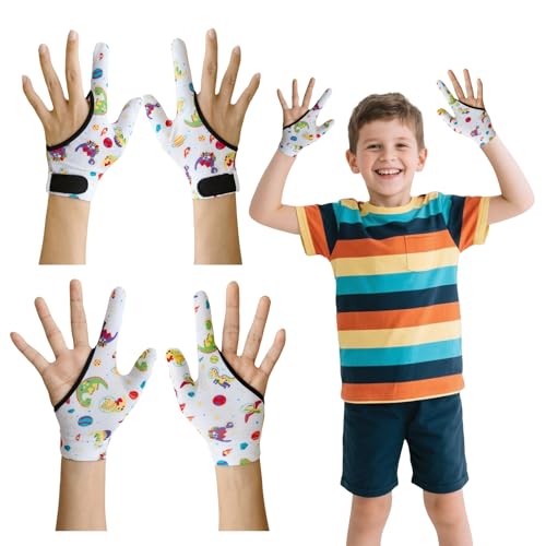 4Pcs Daumen Saugen Guard Handschuhe Kinder Kau-Kompressionshandschuhe Kinder Stoppen Daumenlutschen und Fingerbeißen für Alter 5-13 (Weißer Dinosaurier) von SHDGFB