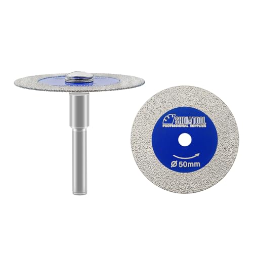 SHDIATOOL Diamant-Glas-Trennscheibe, 2 Stück 50mm Mini-Diamant-Sägeblätter mit 1 Stück 6mm Schaft für Fliesen Keramik Porzellan Marmor Granit Kunststein auf Bohrmaschine 2er-Pack von SHDIATOOL