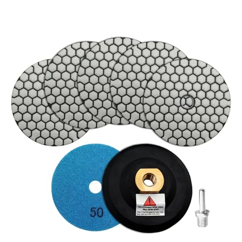 SHDIATOOL Trocken-Diamant-Polierpads Korn 50 6Stück und Gummi Backer Pad (1Set) Mit Rundschaft 100MM Beton Diamantschleifscheiben Marmor Granit Stein polieren von SHDIATOOL