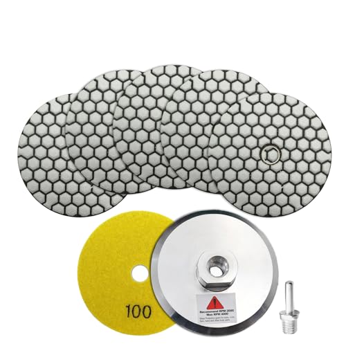 SHDIATOOL Trockene-Diamant-Polierpads Korn 100 6Stück und Aluminium Backer Pad (1Set) Mit Rundschaft 100MM Beton Diamantschleifscheiben Marmor Granit Stein polieren von SHDIATOOL