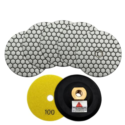 SHDIATOOL Trockene-Diamant-Polierpads Korn 100 6Stück und Gummi Backer Pad (1Set) Mit Rundschaft 100MM Beton Diamantschleifscheiben Marmor Granit Stein polieren von SHDIATOOL