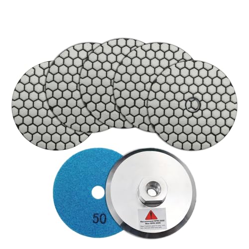 SHDIATOOL Trockene-Diamant-Polierpads Korn 50 6Stück und Aluminium Backer Pad (1Set) Mit Rundschaft 100MM Beton Diamantschleifscheiben Marmor Granit Stein polieren von SHDIATOOL