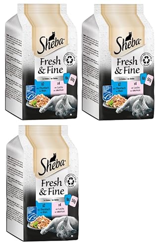 SHEBA Nassfutter Katzenfutter Fresh & Fine in Gelee - Verschiedene Geschmacksrichtungen (3x6x50g, Thunfisch und Lachs MSC) von SHEBA