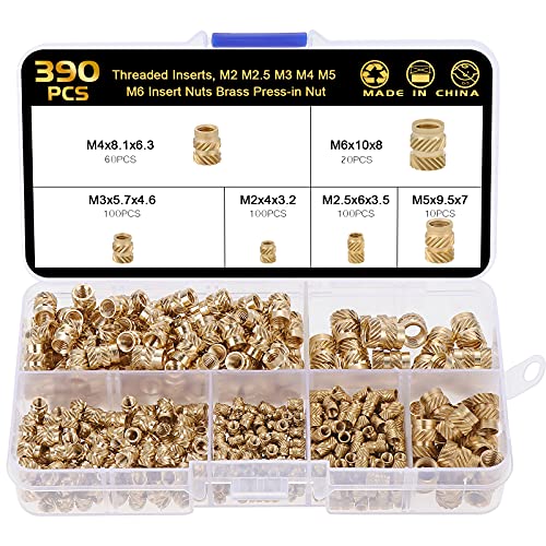Knpwer 390 Stk Gewindeeinsatz,Innengewinde Gerändeltes Messing Gewindeeinsatz Einbettmutter Sortiment Kit M2 M2.5 M3 M4 M5 M6 für 3D Druckteile durch Ultraschall (390, M2 M2.5 M3 M4 M5 M6) von Knpwer