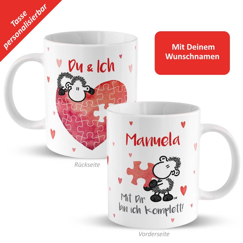 Tasse für Verliebte »Mit Dir bin ich komplett!« mit Wunschnamen, weiß, personalisiert von SHEEPWORLD
