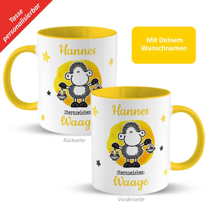 Tasse mit Sternzeichen »Waage«, mit Namen, gelb, personalisiert von SHEEPWORLD