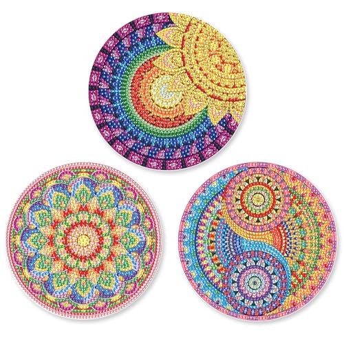 SHEGZHUC 3 Pack Diamond Painting Geschirrmatte Platzset Mandala Bunt 15cm Diamant Malerei Tischsets Topfuntersetzer mit Rutschfester Tellermatte Tischdeko Platzdeckchen für Schüssel Töpfe Pfannen von SHEGZHUC