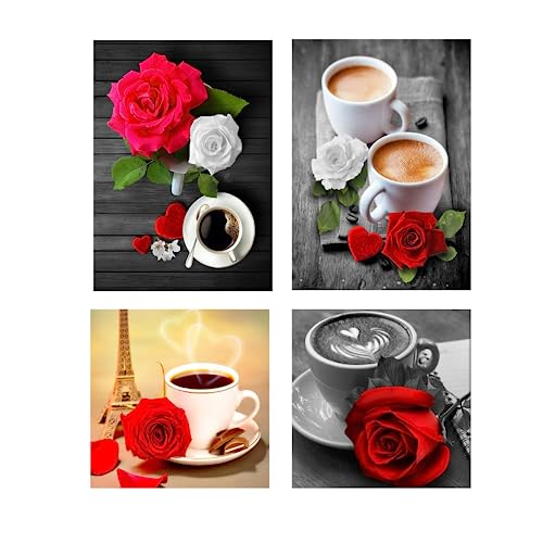 SHEGZHUC 4 Pack Diamond Painting Kaffee Rosen 30x40 cm kaffee bilder für die küche diamant painting bilder kaffee diamond painting erwachsene blumen rosen malen nach zahlen rose Kaffee Kinder von SHEGZHUC