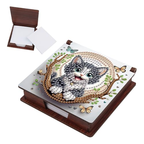 SHEGZHUC Diamond Painting Notizzettel Zettelbox Nachfüllpack Halter Bambus Notizblock mit 160 Blättern Diamant Malerei Zettelkasten Notizzettelbox Holz Mosaik Bilder Geschenk || Katze Schmetterling von SHEGZHUC
