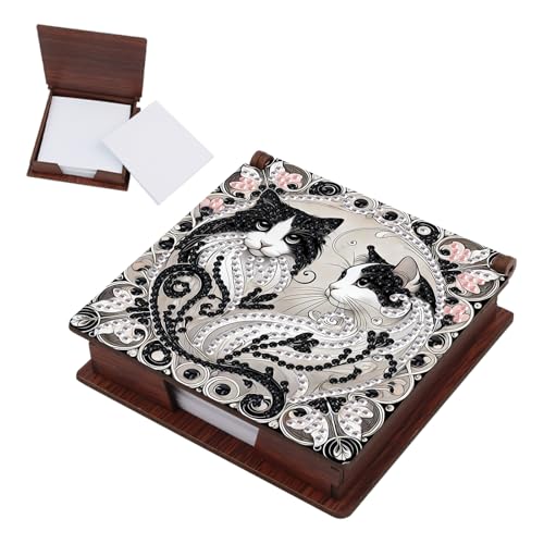 SHEGZHUC Diamond Painting Notizzettel Zettelbox Nachfüllpack Halter Bambus Notizblock mit 160 Blättern Diamant Malerei Zettelkasten Notizzettelbox Holz Mosaik Bilder Geschenk || Katze Schwarz Weiß von SHEGZHUC