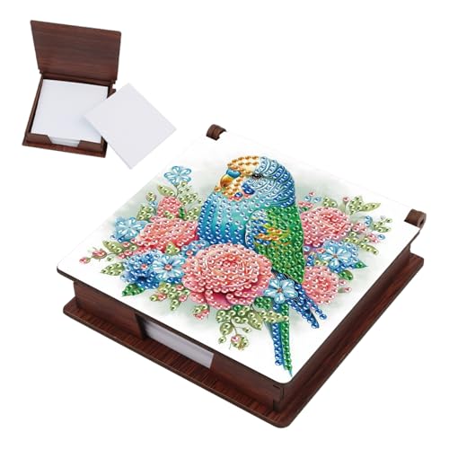 SHEGZHUC Diamond Painting Notizzettel Zettelbox Nachfüllpack Halter Bambus Notizblock mit 160 Blättern Diamant Malerei Zettelkasten Notizzettelbox Holz Mosaik Bilder Geschenk || Papagei Vogel Blumen von SHEGZHUC