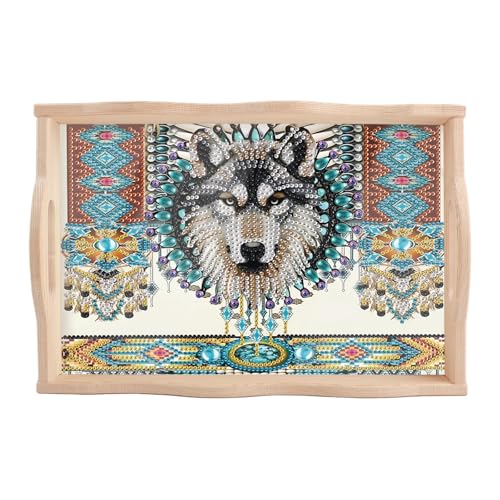 SHEGZHUC Diamond Painting Tablett Serviertablett mit Griffen 20x30cm Diamant Painting Servierplatte Holztablett Rechteckig Dekotablett Küchentablett Frühstückstablett fürs Bett(Diamond Painting Wolf) von SHEGZHUC