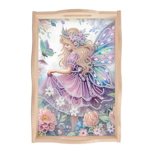 SHEGZHUC Diamond Painting Tablett Serviertablett mit Griffen Elfen Feen Engel Lila 20x30cm Diamant Painting Servierplatte Holztablett Rechteckig Dekotablett Küchentablett Frühstückstablett fürs Bett von SHEGZHUC