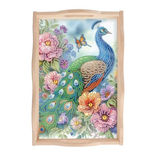 SHEGZHUC Diamond Painting Tablett Serviertablett mit Griffen Pfau 20x30cm Diamant Painting Servierplatte Tiere Holztablett Rechteckig Dekotablett Küchentablett Frühstückstablett fürs Bett von SHEGZHUC