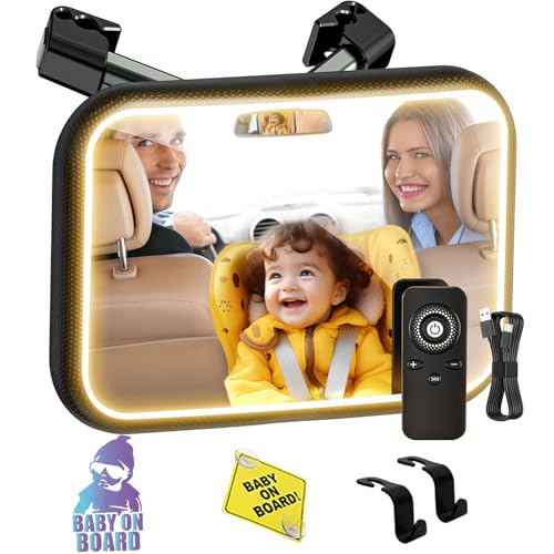 SHEGZHUC Spiegel Auto Baby Rückbank mit Licht 360° mit Fernbedienung Autospiegel Baby Rücksitz mit Metall Clip Baby Erstausstattung Neugeborene + 2 Baby on Board Aufklebern & 2 Auto Kopfstützen Haken von SHEGZHUC