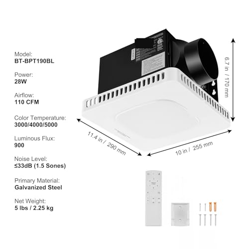 Dachventilator, Badezimmer-Abluftventilator 80/110CFM Hocheffiziente Belüftung 1,5 Sone Geräuscharmer Betrieb Energiesparender Badezimmer-Deckenventilator(110CFM TypeC) von SHEHUALI
