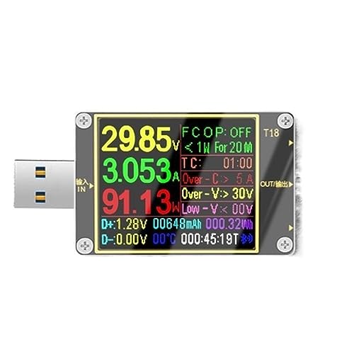 Voltmeter, 18 IN 1 USB Tester T18 Digital Voltmeter Amperemeter Voltimetro DC Power Volt Meter Strom Spannung Doctor 1,8" PD QC3.0 Detektor(Add load cable) von SHEHUALI