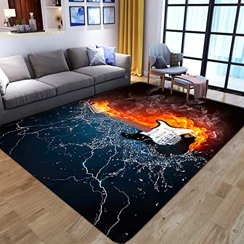 SHELOG 3D-Blitz-Flammen-Gitarre-Bereich-Teppich, Moderne Kunst-Teppich, Wohnzimmer, Küche, Schlafzimmer, Badezimmer, Rutschfester Teppich von SHELOG