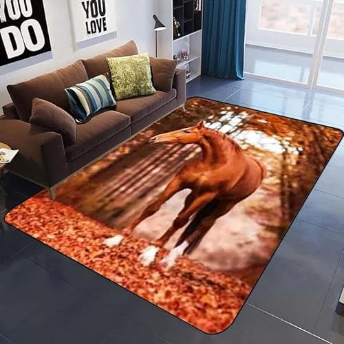 SHELOG Herbst gefallene Blätter Tier Pferd großer Teppich Spielzimmer Teppich geeignet für Zuhause Wohnzimmer Schlafzimmer Schlafsaal Fußmatte rutschfeste Bodenmatte von SHELOG