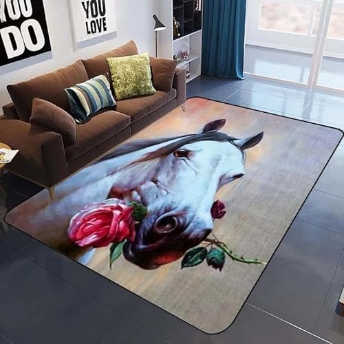 SHELOG Tier Pferd Rose Rechteckiger Teppich Modernes Zuhause Wohnzimmer Boden Schlafzimmer Teppich Kunst Poster Matte von SHELOG
