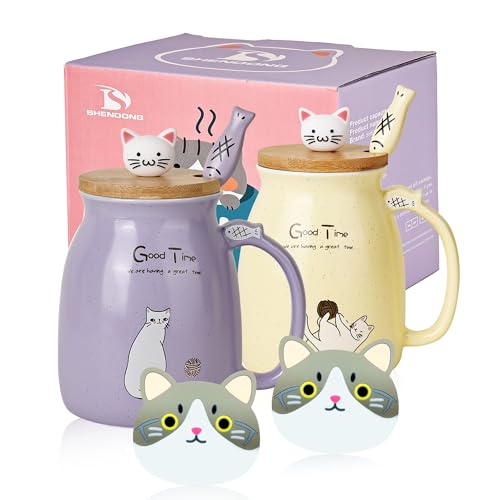 2er-Pack Katzenbecher Niedliche Kaffeetassen aus Keramik im 2er-Set mit Bambusdeckel und Löffel Neuheit Morning Cup Kaffee-Milch Tee-Becher-3D Tier Katzen-Tassen für Katzenliebhaber (Lila und Gelb) von SHENDONG