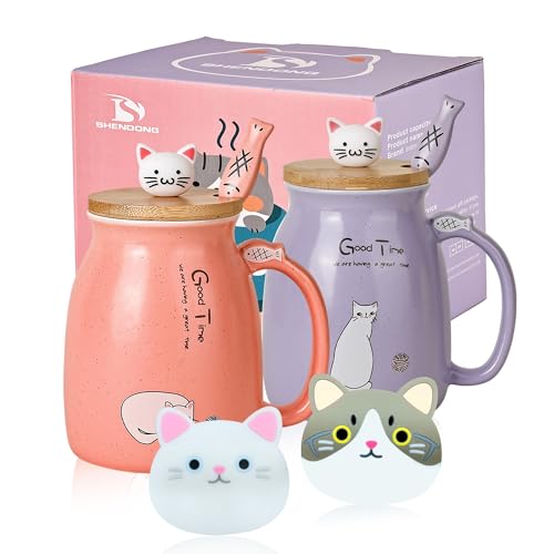 2er-Pack Katzenbecher Niedliche Kaffeetassen aus Keramik im 2er-Set mit Bambusdeckel und Löffel Neuheit Morning Cup Kaffee-Milch Tee-Becher-3D Tier Katzen-Tassen für Katzenliebhaber (Rot und lila) von SHENDONG