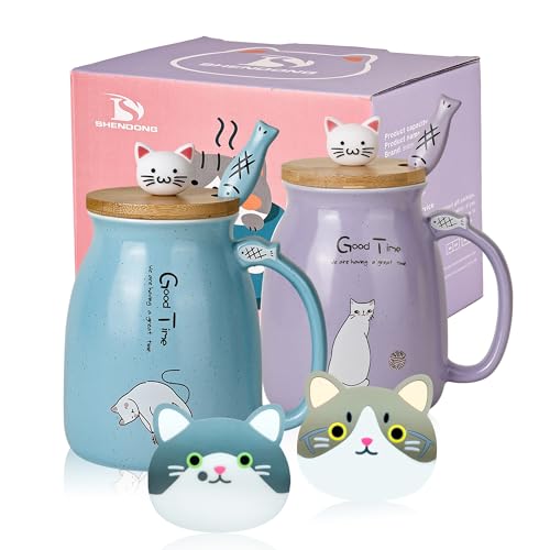 2er-Pack Katzenbecher Niedliche Kaffeetassen aus Keramik im 2er-Set mit Bambusdeckel und Löffel Neuheit Morning Cup Kaffee-Milch Tee-Becher-3D Tier Katzen-Tassen für Katzenliebhaber (blau und lila) von SHENDONG