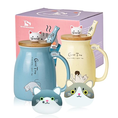 SHENDONG 2er-Pack Katzenbecher Niedliche Kaffeetassen aus Keramik im 2er-Set mit Bambusdeckel und Löffel Neuheit Morning Cup Kaffee-Milch Tee-Becher-3D Tier Katzen-Tassen für Katzenliebhaber Frauen von SHENDONG