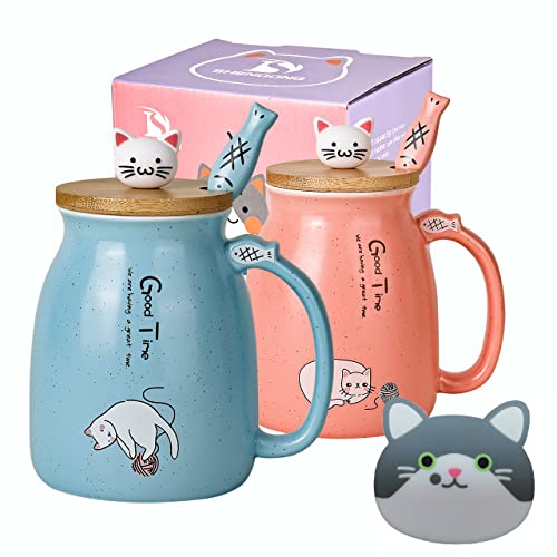 SHENDONG 2er-Pack Katzenbecher Niedliche Kaffeetassen aus Keramik im 2er-Set mit Bambusdeckel und Löffel Neuheit Morning Cup Kaffee-Milch Tee-Becher-3D Tier Katzen-Tassen für Katzenliebhaber Frauen von SHENDONG