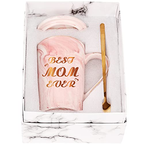 Beste Mama Tasse Geburtstagsgeschenke für Mama lustige Kaffeetassen für Mutter Muttertagsgeschenke Best Mom Ever 400 ml Keramik Marmorbecher Teetasse mit Deckel Goldenem Löffel und Geschenk box von SHENDONG