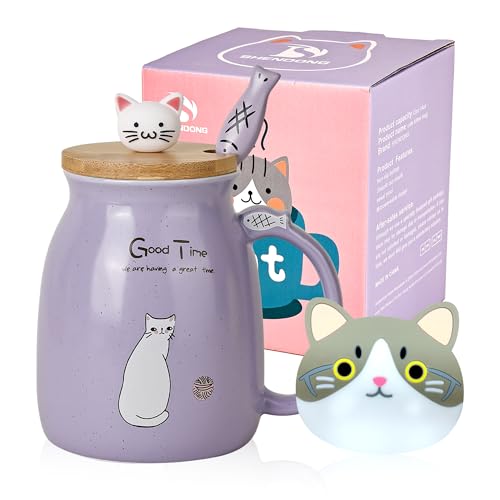 Katze-Becher Süße Kaffeetasse aus Keramik mit Kawaii-Katze Holzdeckel und schöner Löffel aus Edelstahl Neuheit Morning CupKaffee-Milch-Tee-Becher - 3D-Tier Katzen-Tassen für Katzenliebhaber Frau von SHENDONG