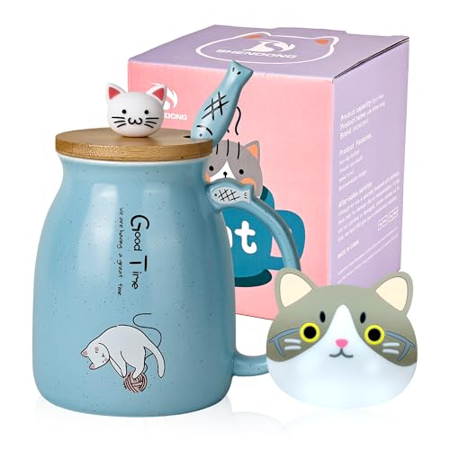 Katze-Becher Süße Kaffeetasse aus Keramik mit Kawaii-Katze Holzdeckel und schöner Löffel aus Edelstahl Neuheit Morning CupKaffee-Milch-Tee-Becher - 3D-Tier Katzen-Tassen für Katzenliebhaber Frau Blau von SHENDONG