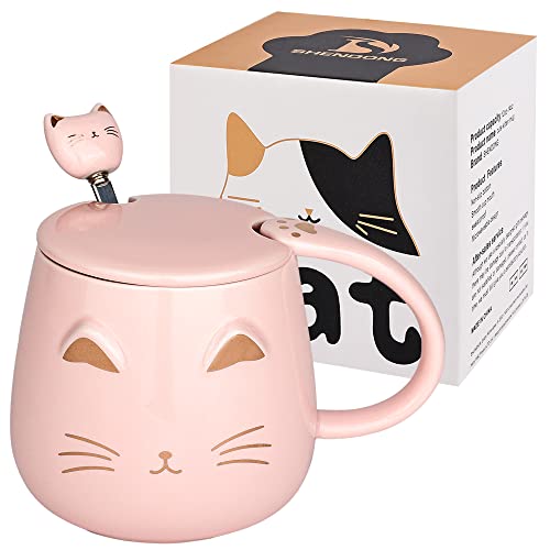 Rosa Katzenbecher Süße Kaffeetasse aus Keramik mit Kawaii-Deckel und schönem Edelstahllöffel Neuheit Morning Cup Kaffee-Milch-Tee-Becher- 3D-Tier Katzen-Tassen für Katzenliebhaber Frau Geschenke von SHENDONG
