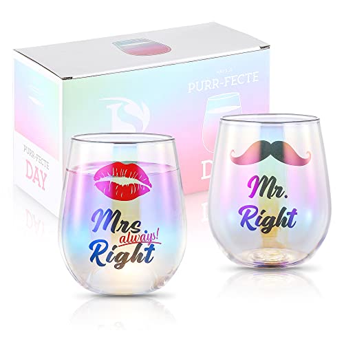 SHENDONG Mr Right Frau Always Right Weingläser,Paar Weingläser,Mr. Mrs. Geschenke für Paare,Verlobung Hochzeit Brautdusche,Weihnachtsgeschenke für Bräutigam,Valentinstagsgeschenke 2-Pack von SHENDONG