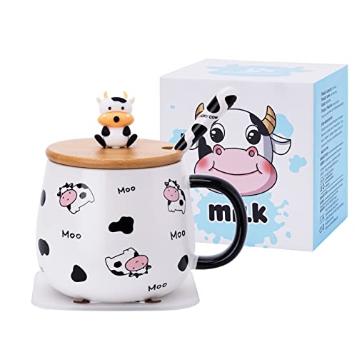 SHENDONG Niedlicher Kuh-Kaffeebecher mit hübschem Deckel,kawaii Untersetzer und Löffel,Kuh Print Stuff Geschenke,Keramik Kaffeetasse,Lustige Tier Tasse,Geburtstagsgeschenke für Frauen, Kuh-Liebhaber von SHENDONG