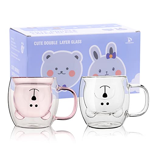 SHENDONG Süße Bärenbecher 2er Set Süße Tassen Bärentee Kaffeetasse 8,5 Unzen Milchtasse für persönlichen Geburtstag, Valentinstag und Büro (Weiß-Rosa Bär 2er-Set) von SHENDONG