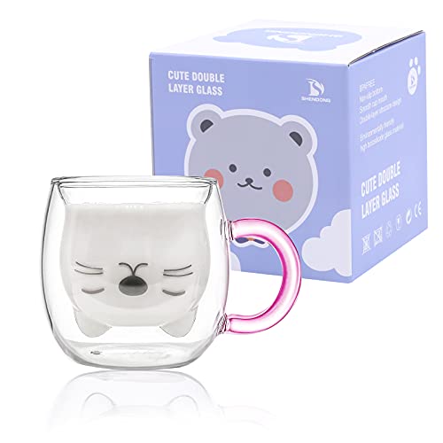 SHENDONG Süße Katzentasse Nette Tassen Katze Tee Kaffeetasse mit Griff 8.5oz Milchtasse für persönlichen Geburtstag, Valentinstag und Büro (Rosa Griff) von SHENDONG