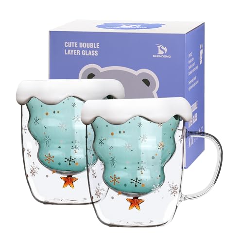 SHENDONG Weihnachtsbaum Kaffeetassen Süße Tassen mit Deckel Teetasse Milchtasse Doppelwandige Isoliergläser Espressotasse Beste Weihnachtsgeschenke für Frauen Kinder Mädchen (Tassen Set von 2) von SHENDONG