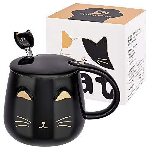 Schwarze Katzen-Tasse Süße Kaffeetasse aus Keramik mit Kawaii Deckel und schönem Edelstahllöffel Neuheit Morning Cup Kaffee-Milch-Tee-Becher- 3D-Tier Katzen-Tassen für Katzenliebhaber Frau Geschenke von SHENDONG