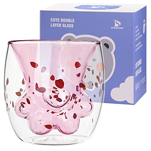 Süßer Katzenkrallenbecher Rosa Kirschdruckkatze Pfote Tasse Katze Tasse mit Fußklauen-Print Doppelwandige Isoliergläser Espressotasse Becher Glas Tasse Kaffeetassen Milchbecher Tee Whiskybecher Katze von SHENDONG