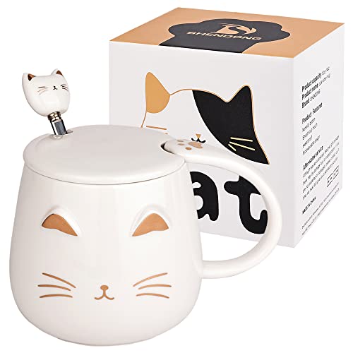 Weiße Katzen-Tasse Süße Kaffeetasse aus Keramik mit Kawaii-Deckel und schönem Edelstahllöffel Neuheit Morning Cup Kaffee-Milch-Tee-Becher- 3D-Tier Katzen-Tassen für Katzenliebhaber Frau Geschenke von SHENDONG