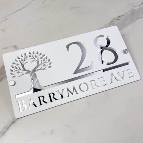 Personalisiertes Hausnummernschild – Moderne Schriftart, Individuelle Acryl-Adressplakette, Wetterfestes Namensschild For Haus, Tor Oder Wand, Einzugsgeschenk(White-Silver) von SHENGBEIDZ