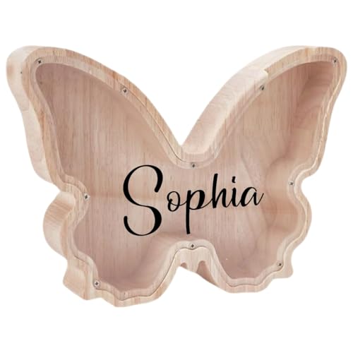 Personalisiertes Sparschwein Aus Holz For Kinder, Jungen Und Mädchen, Individuelle Münzspardose Mit Selbstgemachten Namensaufklebern, Spardose For Geburtstags(Butterfly) von SHENGBEIDZ
