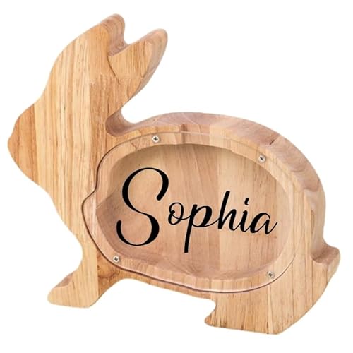 Personalisiertes Sparschwein Aus Holz For Kinder, Jungen Und Mädchen, Individuelle Münzspardose Mit Selbstgemachten Namensaufklebern, Spardose For Geburtstags(Rabbit) von SHENGBEIDZ