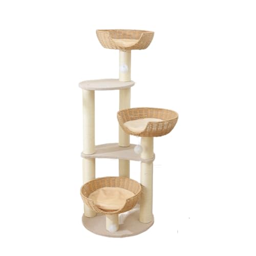 SHENGOCASE Moderner Katzenbaumturm, 3 große Rattan-Weidenkorbbetten, Fensterstange für Katzen bis zu 9 kg von SHENGOCASE