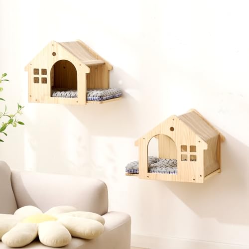 SHENGOCASE Naturholz-Katzen-Wandregale, Bett, 2er-Pack, Wandmontage, Kastenhaus, Sitzstange, Katzenhausmöbel mit waschbaren Kissen von SHENGOCASE
