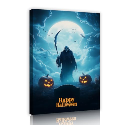 Halloween Leinwanddrucke Wandkunst Fledermäuse Grabstein Geist mit einer Sense Kürbisse und Vollmondszene gruseliges Dekor Poster für jeden Raum 85x120cm Innenrahmen Halloween Leinwanddrucke Wandkunst Fledermäuse Grabstein Geist mit einer Sense Kürbisse und Vollmondszene gruseliges Dekor Poster für jeden Raum 85x120cm Innenrahmen von SHENGPOSTER