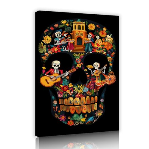 SHENGPOSTER Tag der Toten Schädel Leinwand Wandkunst Boho Blumen Gitarre Wandkunstdrucke Exotische Ethnische Stil Wanddekoration für Wohnzimmer Esszimmer 55x80cm Innenrahmen von SHENGPOSTER