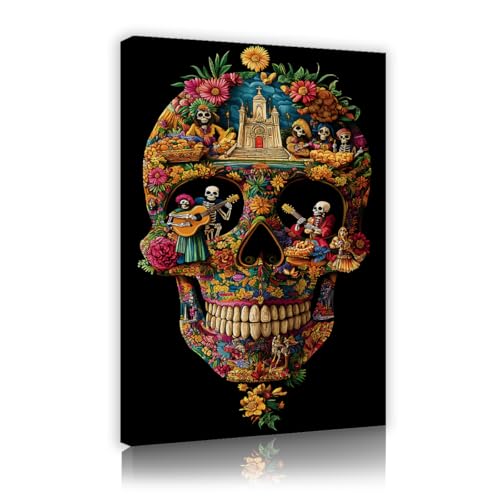 Tag der Toten Leinwanddrucke Wandkunst bunte Totenkopf Gitarre Blumen Wandkunst Poster mexikanischer Stil Boho Wohnkultur für Wohnzimmer 20x28cm Innenrahmen Tag der Toten Leinwanddrucke Wandkunst bunte Totenkopf Gitarre Blumen Wandkunst Poster mexikanischer Stil Boho Wohnkultur für Wohnzimmer 20x28cm Innenrahmen von SHENGPOSTER