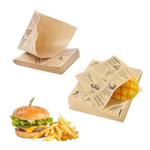 100 Stück Burgerpapier 15x15 cm–Brotpapier für Sandwiches, Pommes & Kekse–Käsepapier mit 2 Designs (Zeitungsoptik)–Einweg-Verpackungspapier für Imbiss, Bäckerei & Catering–Lebensmittelecht & fettdicht von SHENGYIG